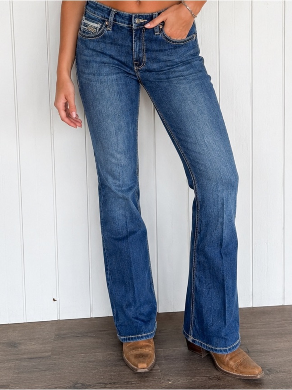 Rock & Roll Denim Mid Rise Bootcut Jeans Women’s 29x34 Blue Western Embellished